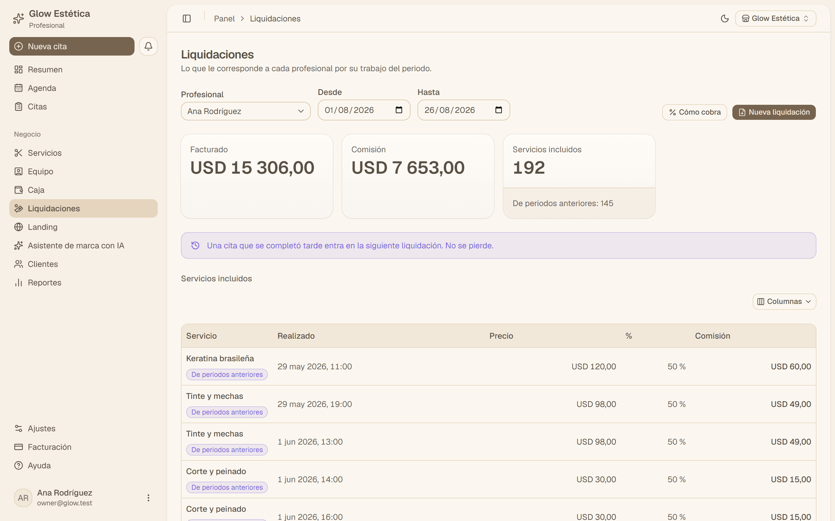 Captura de la pantalla de liquidaciones de Beauty Market PRO, con lo cobrado, la comisión y el detalle de servicios incluidos.